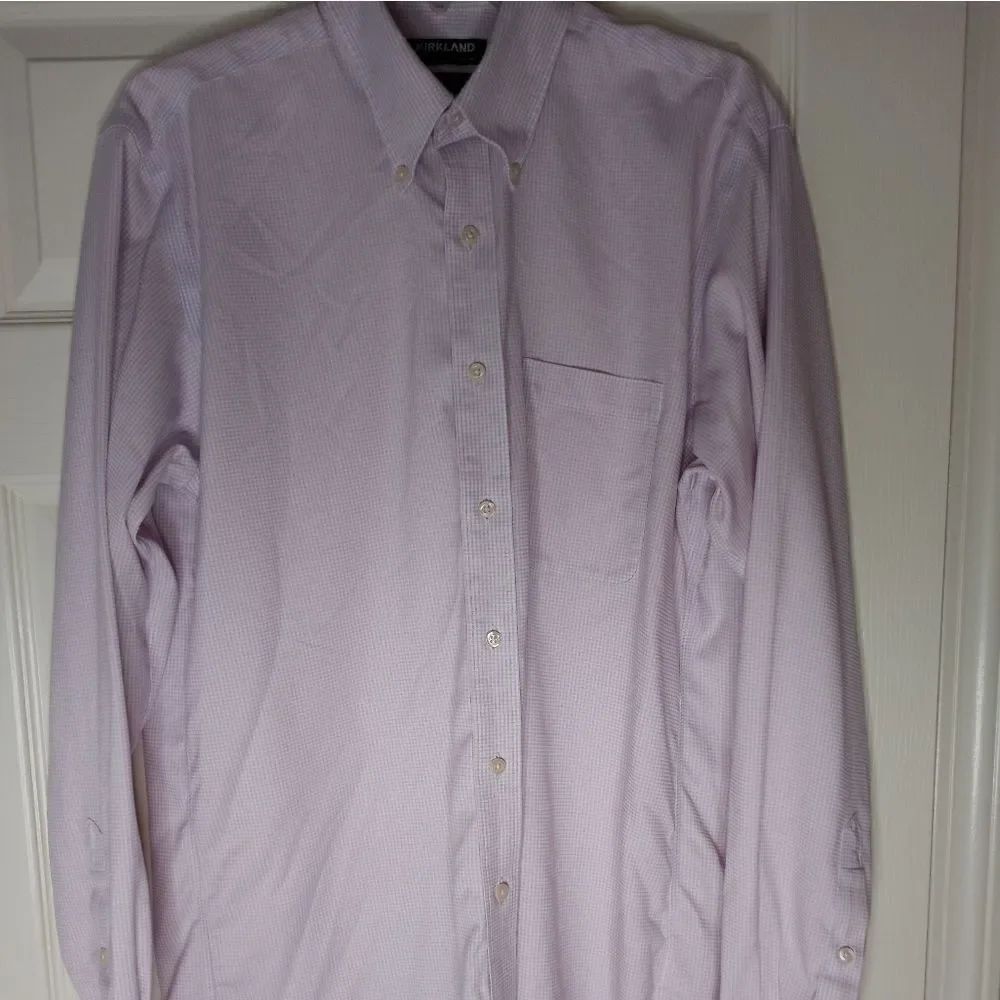 KIRKLAND MEN'S TRADITIONAL FIT L 16 34/35 NON IRON L/SL CHECK WHITE PURPLE SHIRT